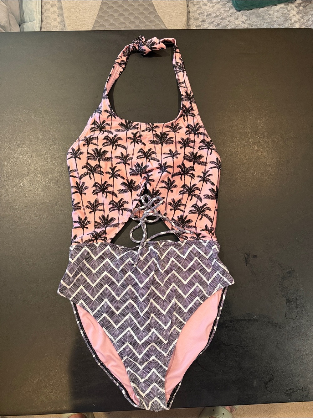 No Boundaries Pink Palm-Print Halter One-Piece with Purple Chevron Skirt